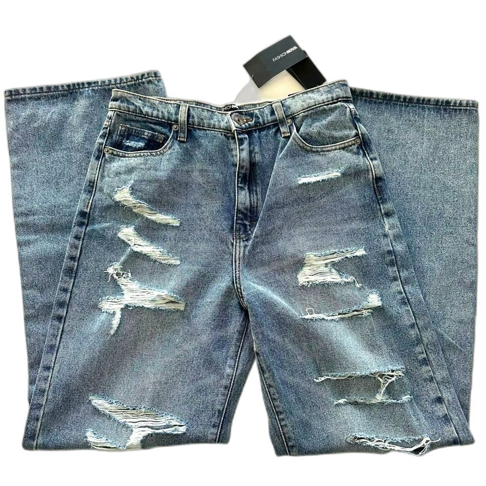 NWT Wide Leg Jeans She’s All That Fashion Nova Medium Wash Distressed Size 9/29
